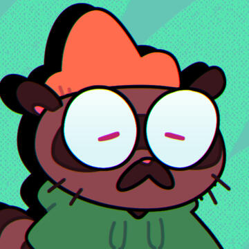 A picture of a man with a scraggy beard, short hair and round glasses. He has pink eyes and a tentacle holding a tablet pen, while listening to tunes with his ear buds. He is smiling and looks content.